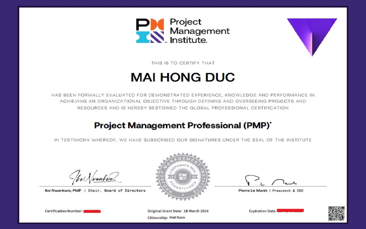 Chứng chỉ PMP của học viên Mai Hồng Đức