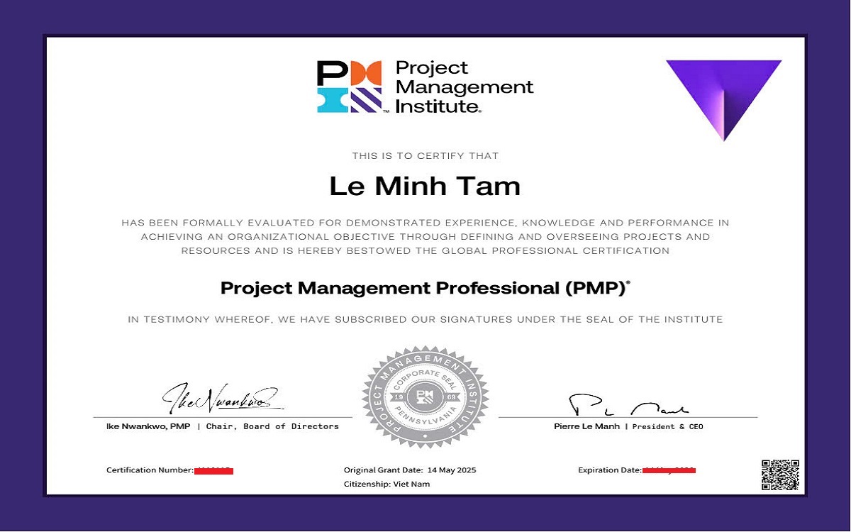 Chứng chỉ PMP của học viên Minh Tâm