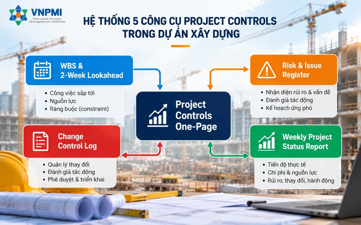 Sơ đồ kết nối năm công cụ Project Controls trong dự án xây dựng từ Lookahead đến Risk, Change, One-Page và Weekly Status