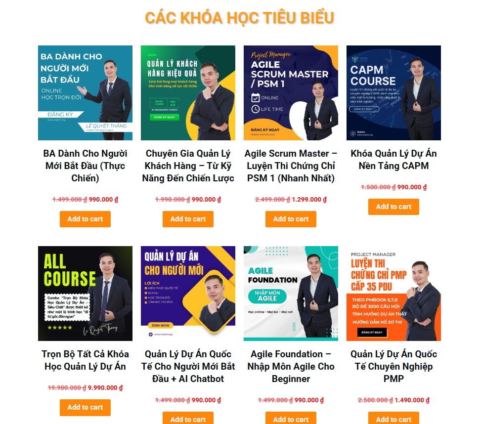 Danh mục các khóa học quản lý dự án và Agile trên hệ thống e-learning VNPMI