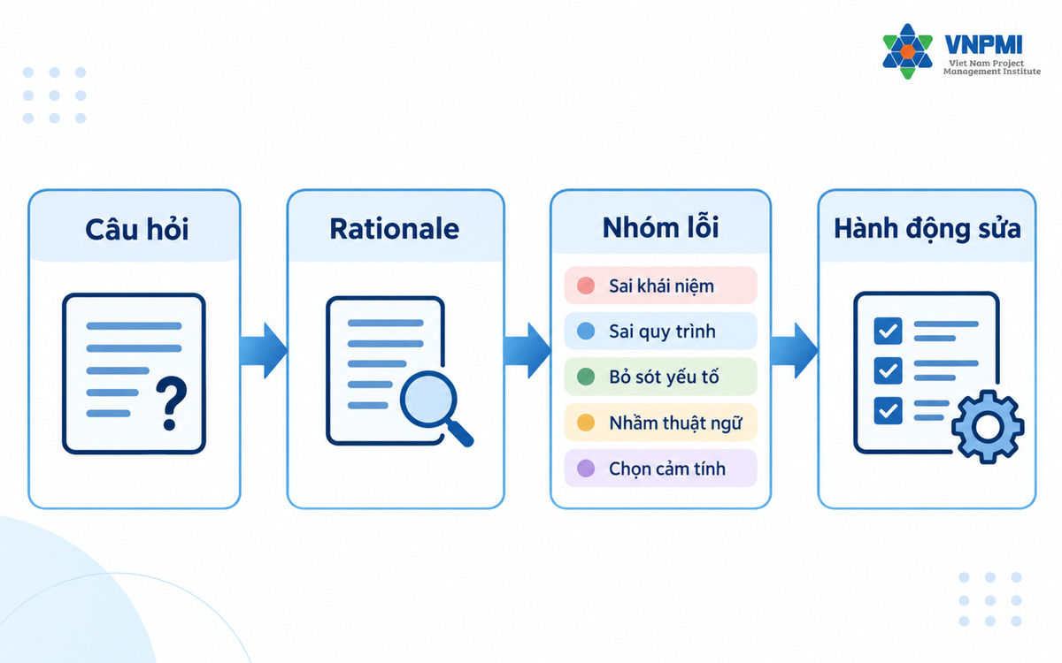 Quy trình biến câu hỏi PMP thành dữ liệu học tập qua đáp án, lý do, nhóm lỗi và hành động sửa