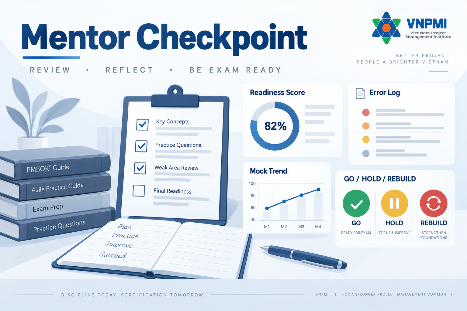 Mentor checkpoint 1 trên 1 review Readiness Score Error Log Weakness Map và xu hướng mock PMP