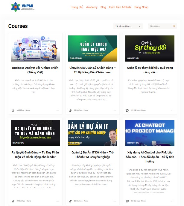Danh mục khóa học trên nền tảng Academy của UNI VNPMI