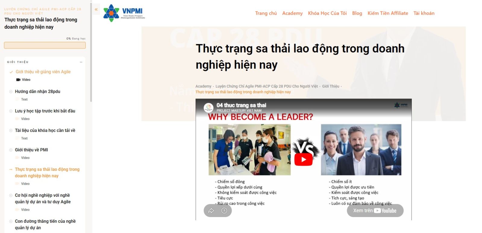 Giao diện học tập chi tiết trên UNI VNPMI