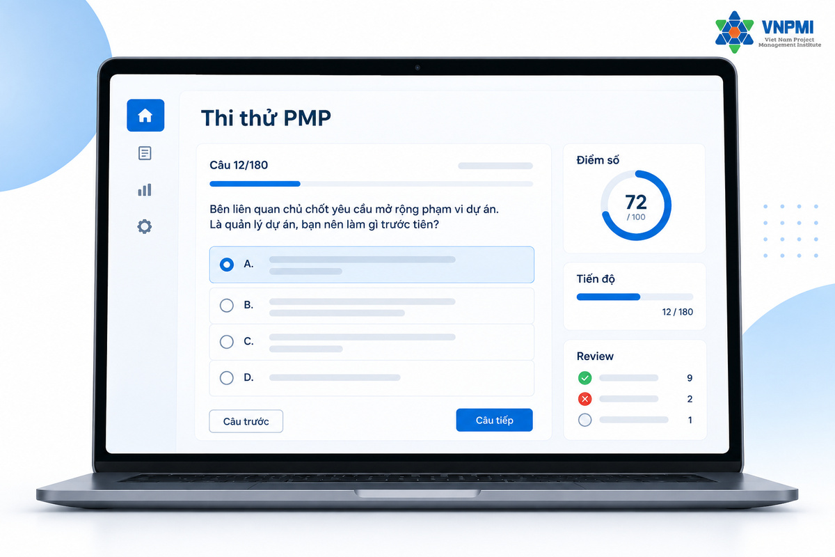 Giao diện hệ thống luyện đề và thi thử PMP của VNPMI