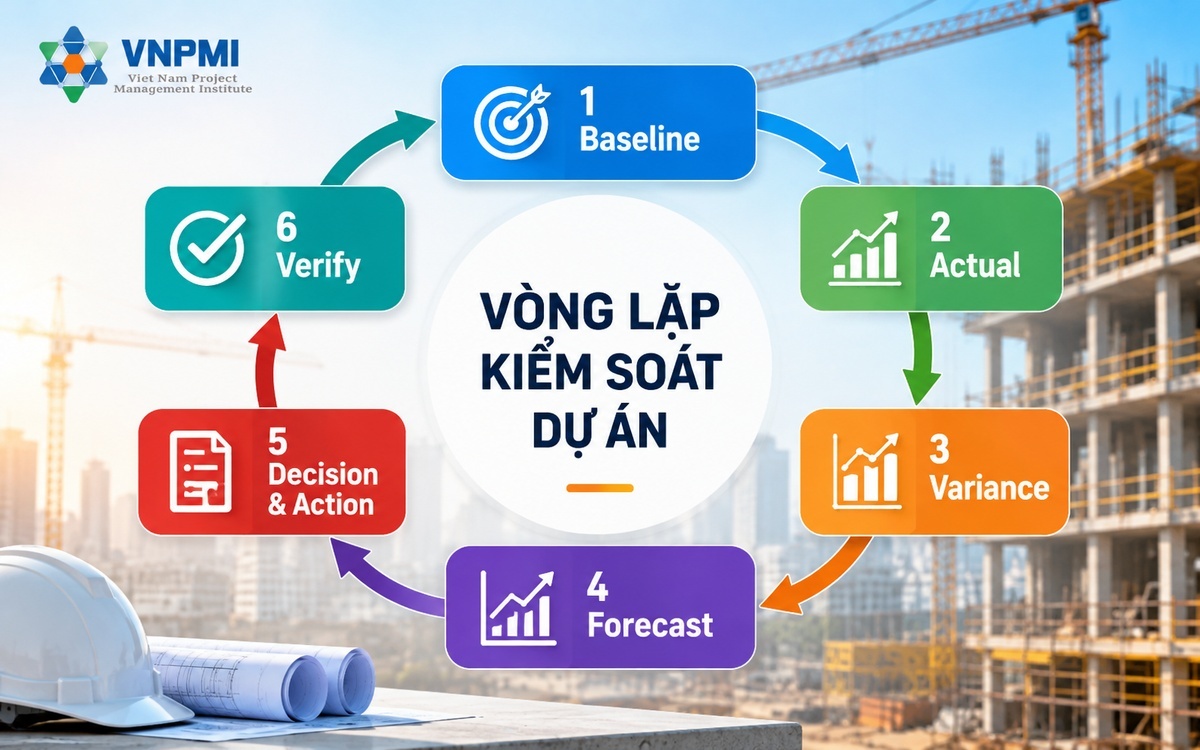 Vòng lặp sáu bước kiểm soát dự án gồm Baseline, Actual, Variance, Forecast, Decision và Action, Verify